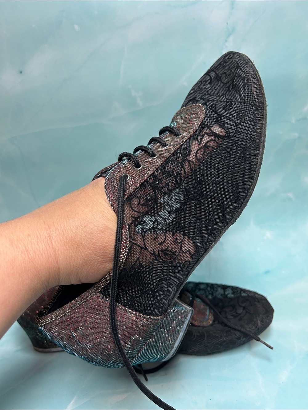 Black dancing shoes Embroidered Lace-Up with Iridescent Accents